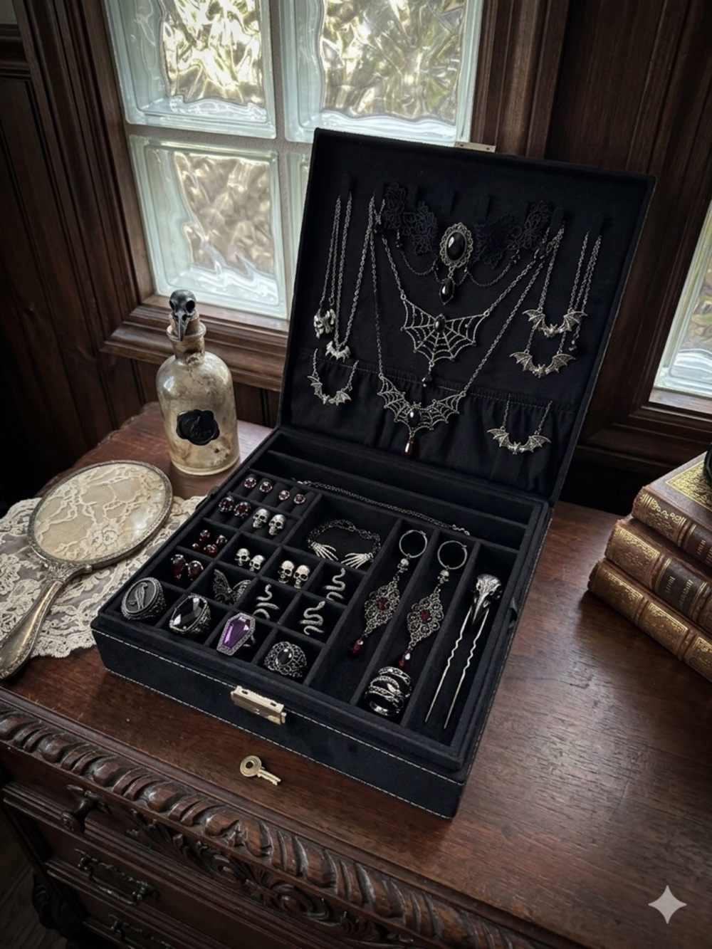 Large Gothic Black Velvet Square Accessory Jewelry Storage Box Silver Key Lock